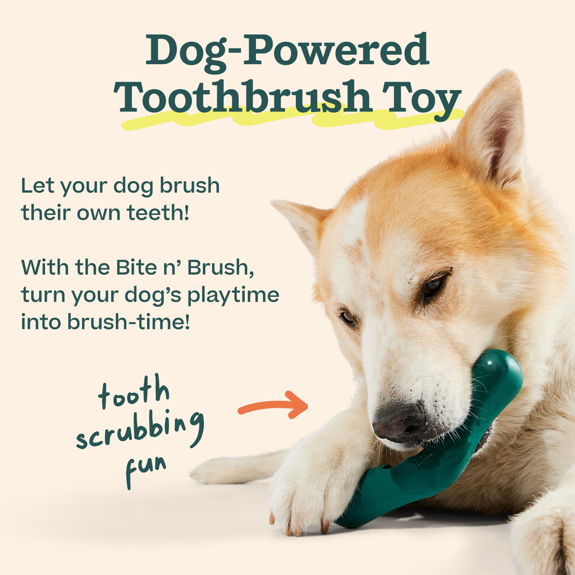 Diseño ergonómico de WOOF Bite n' Brush para juego y cepillado.