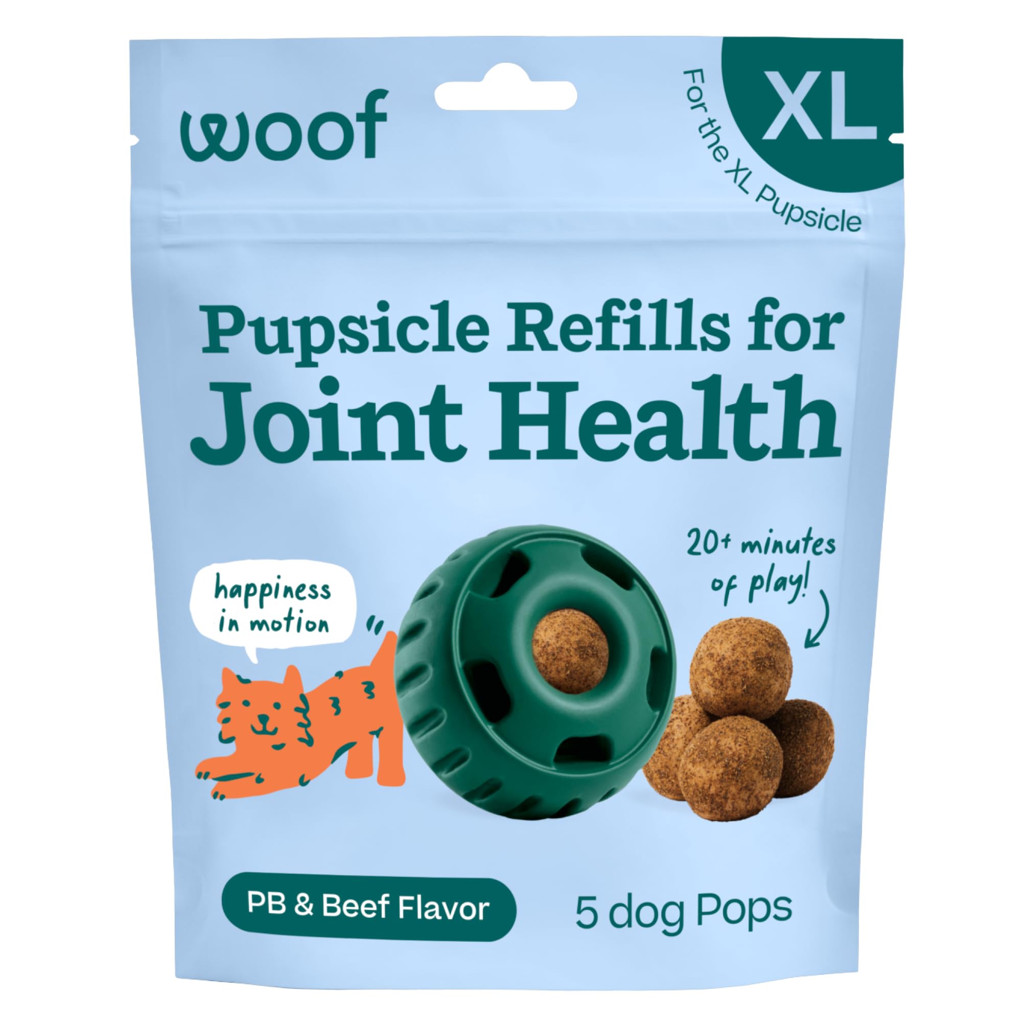 WOOF Hip y articulaciones Pupsicle Recarga: empaque práctico para premiar y apoyar movilidad.