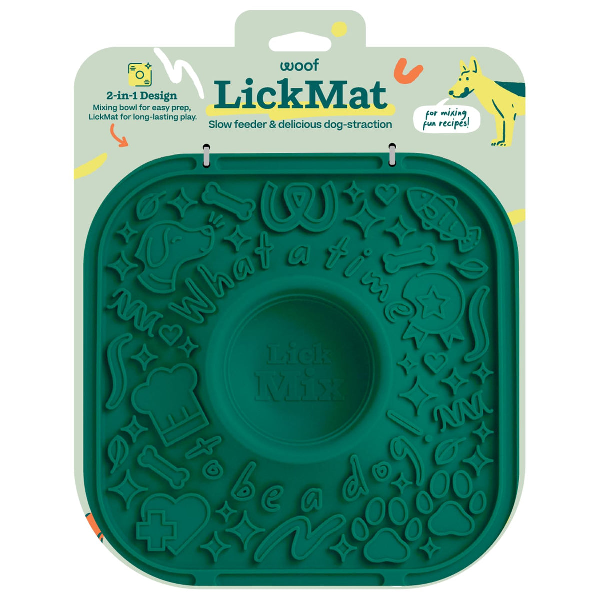 WOOF LickMat 2 en 1 verde en primer plano para juego interactivo.