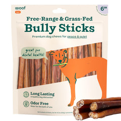 WOOF palitos bully de 6 pulgadas, recompensa duradera para perros activos.