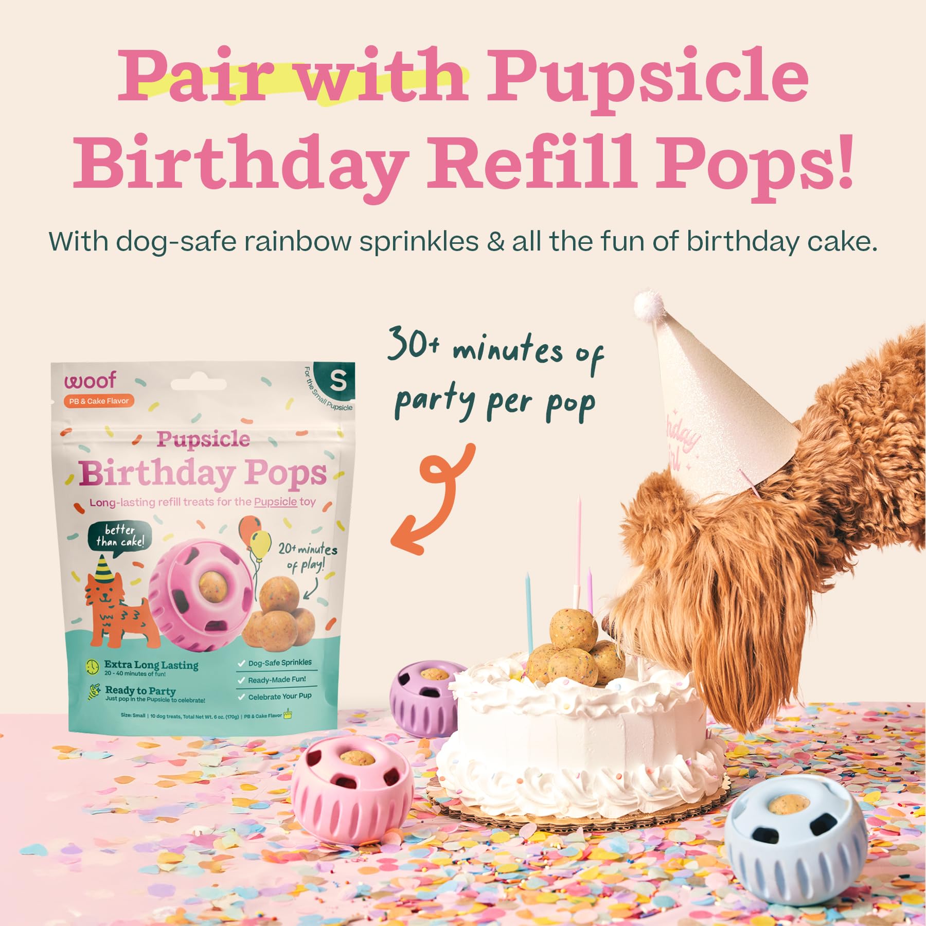 WOOF Party Pupsicle en goma natural para masticar seguro.