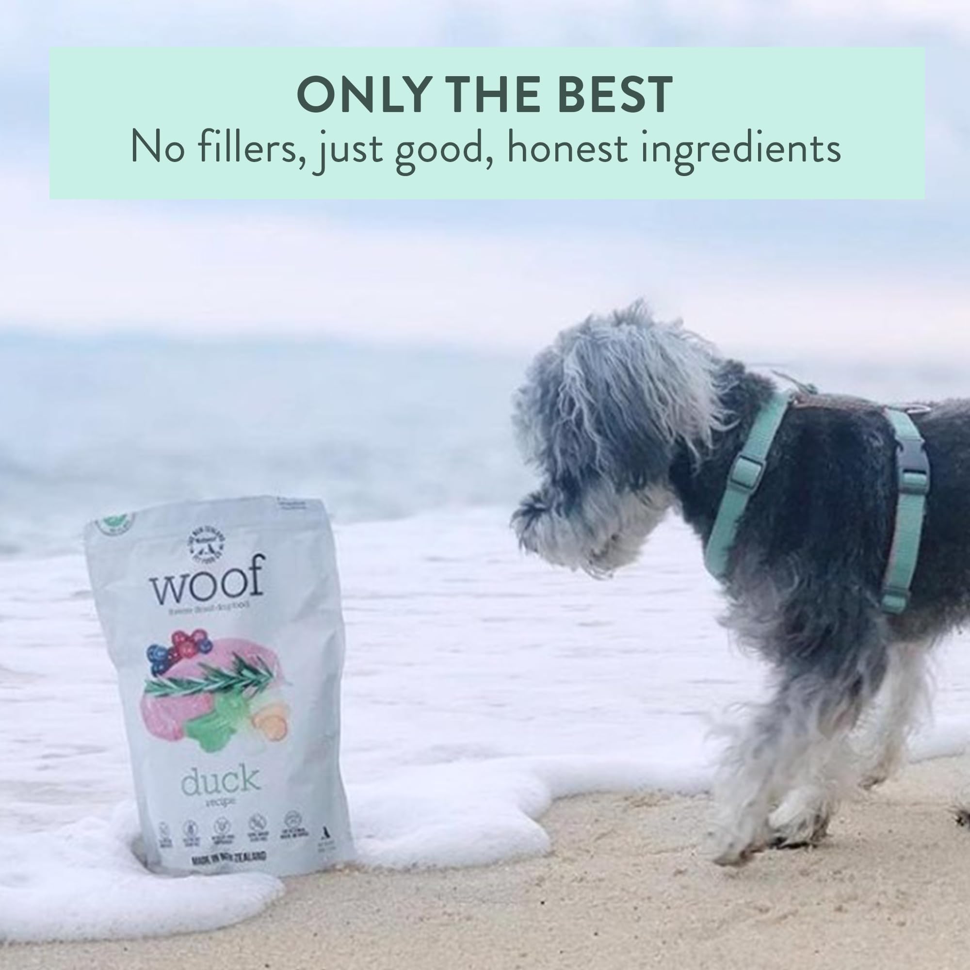 WOOF pato liofilizado con aceite de hoki para nutrición.