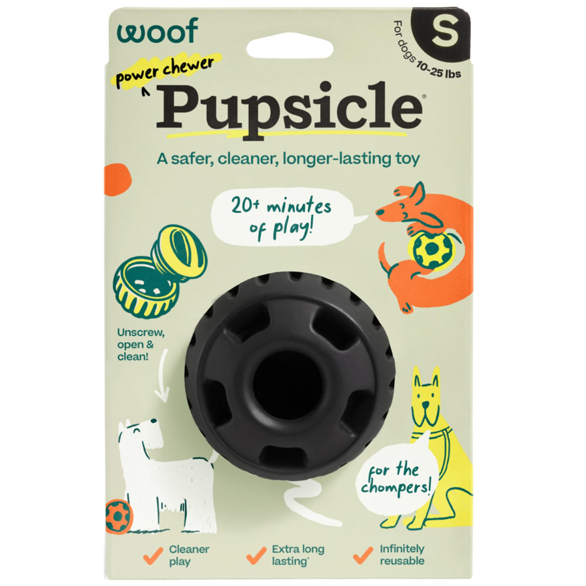 WOOF Power Chewer Pupsicle ofrece durabilidad para masticadores agresivos y juego prolongado.