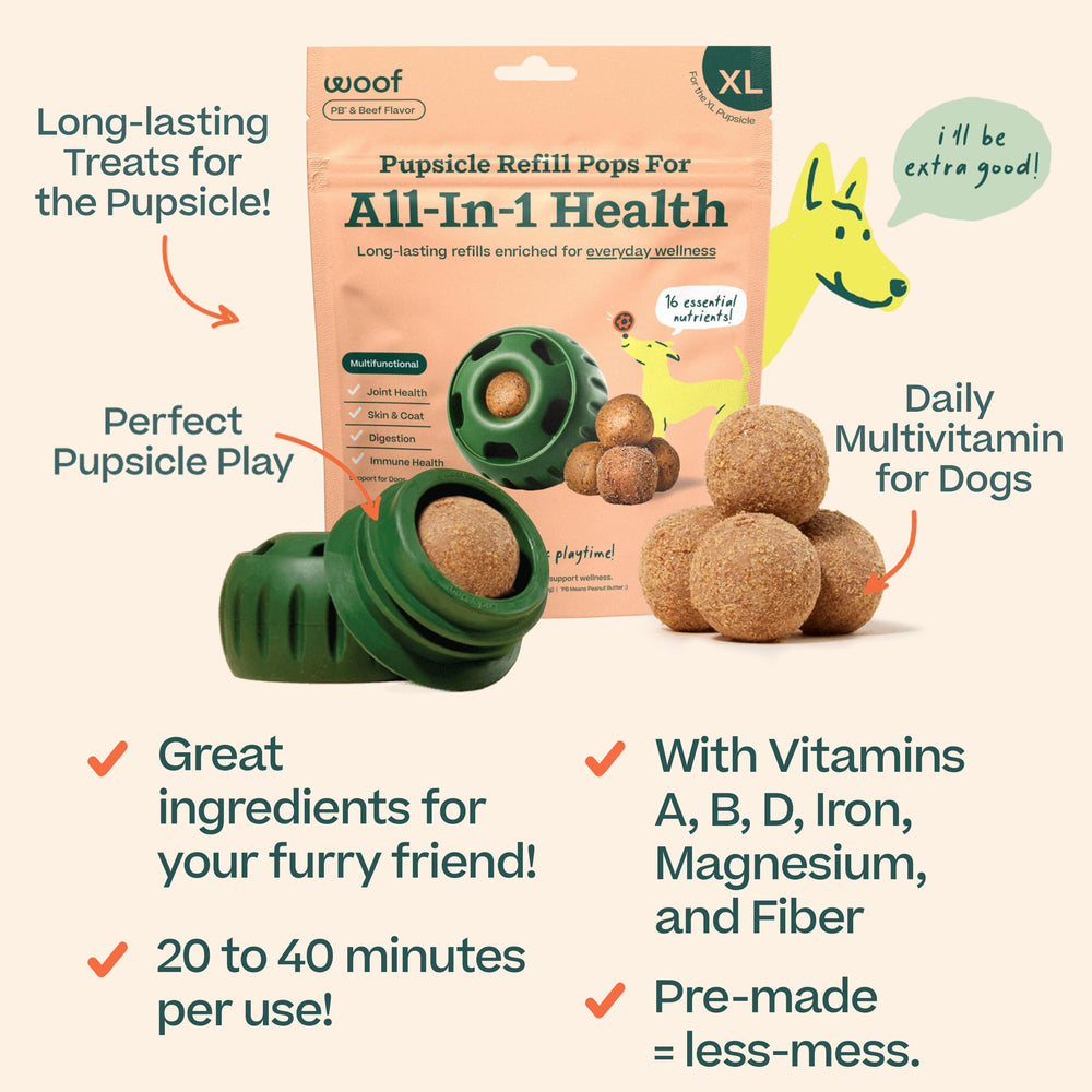 WOOF Pupsicle con hierro, magnesio y fibra para apoyo digestivo.