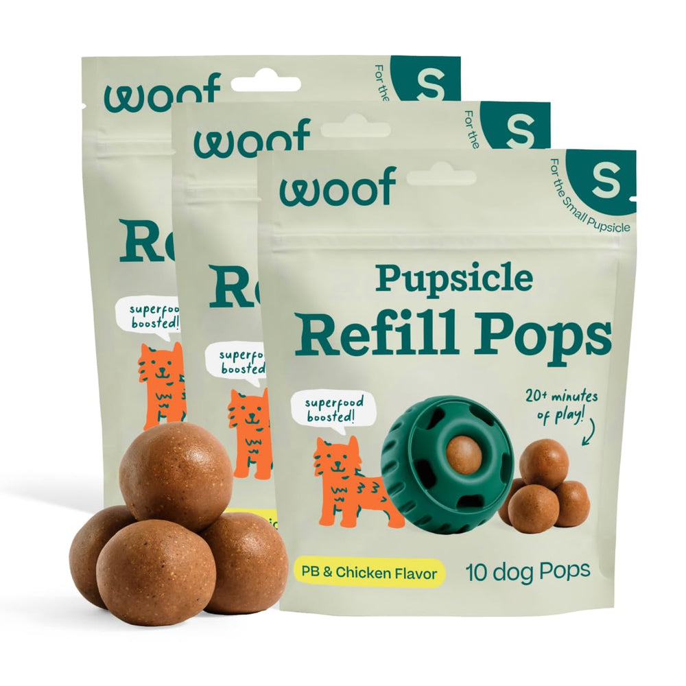 WOOF Pupsicle Refill Pops muestra bocaditos para perros que ofrecen distracción prolongada