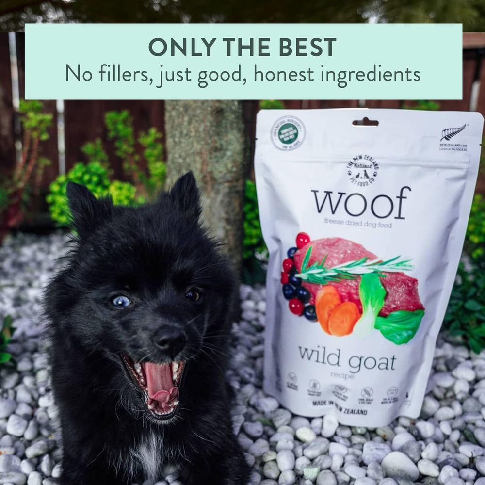 WOOF Wild Goat, sin alérgenos para perros con sensibilidades alimentarias.