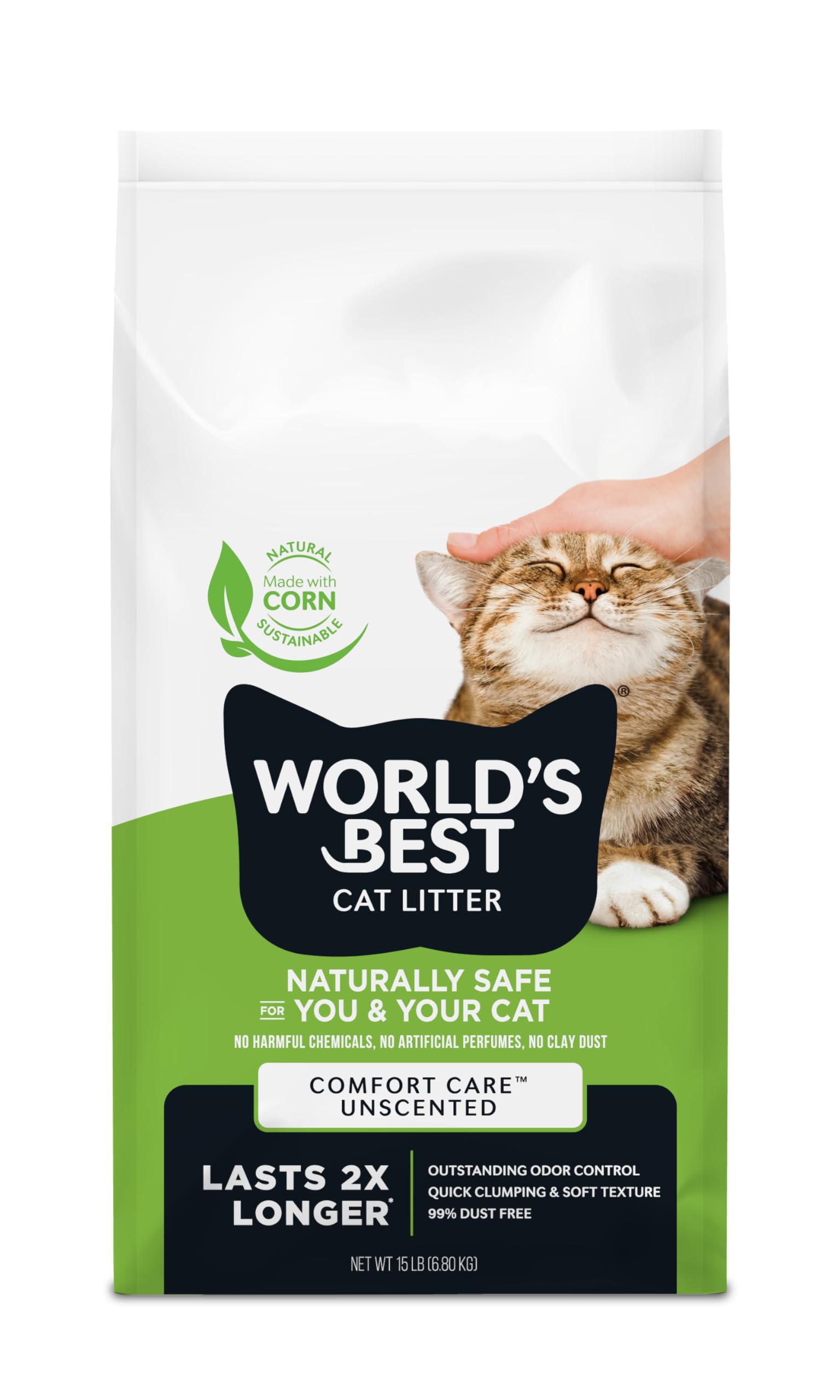 World's Best Cat Litter Comfort Care sin aroma, bolsa 15 lb, control de olores duradero.