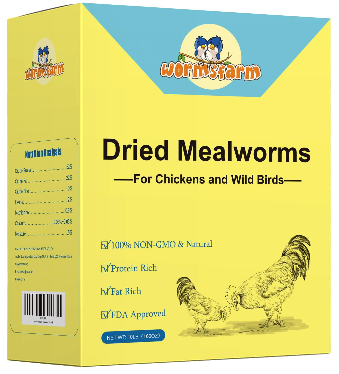 Gusanos de harina WormsFarm en envase 10lb, snack proteico para aves y pollos.