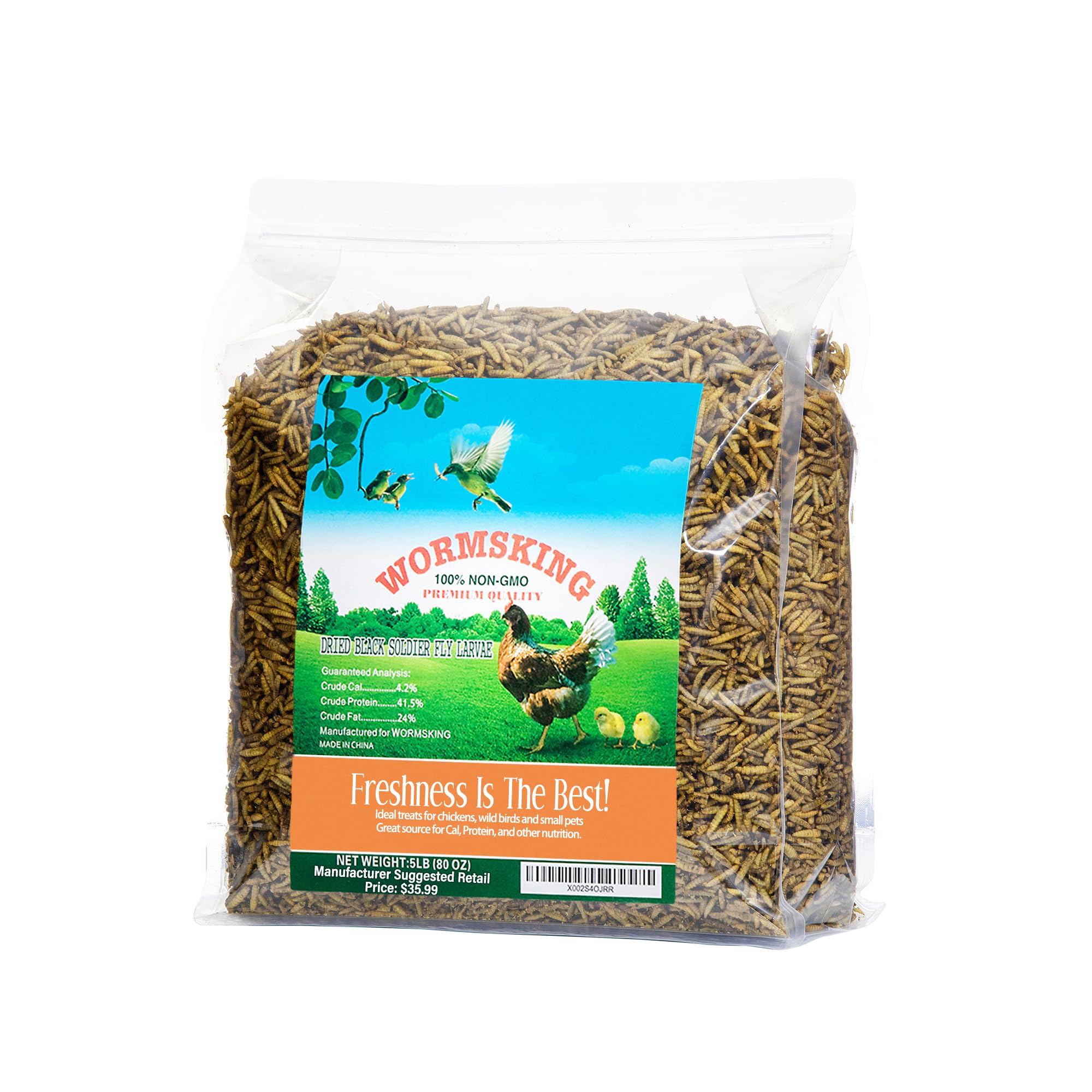 WORMSKING larvas secas BSFL en bolsa de 5 libras, fuente proteica para aves.