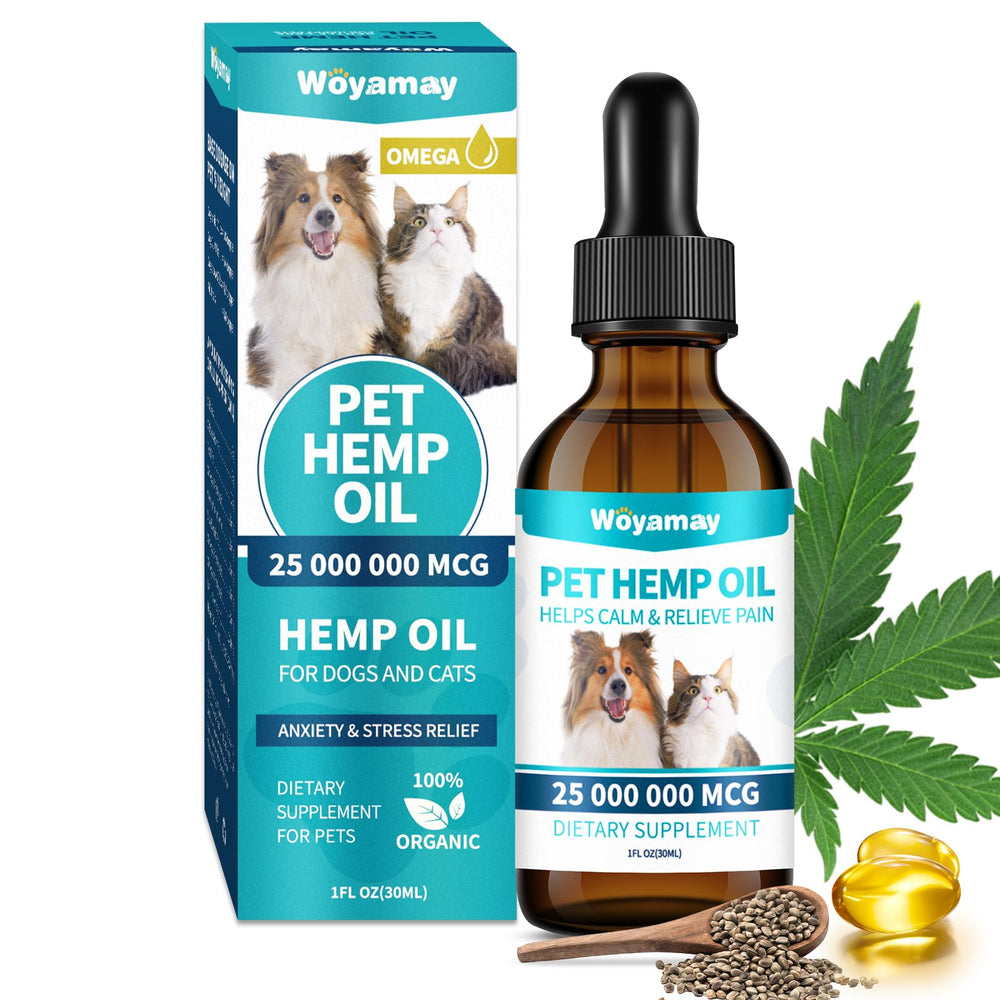 Woyamay aceite de cáñamo para perros y gatos en botella, apoyo a la movilidad diaria.