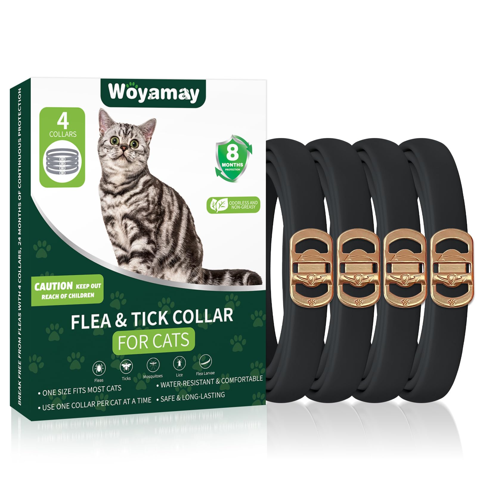 Collar antipulgas Woyamay para gatos negro ajustable, cómodo para uso diario.