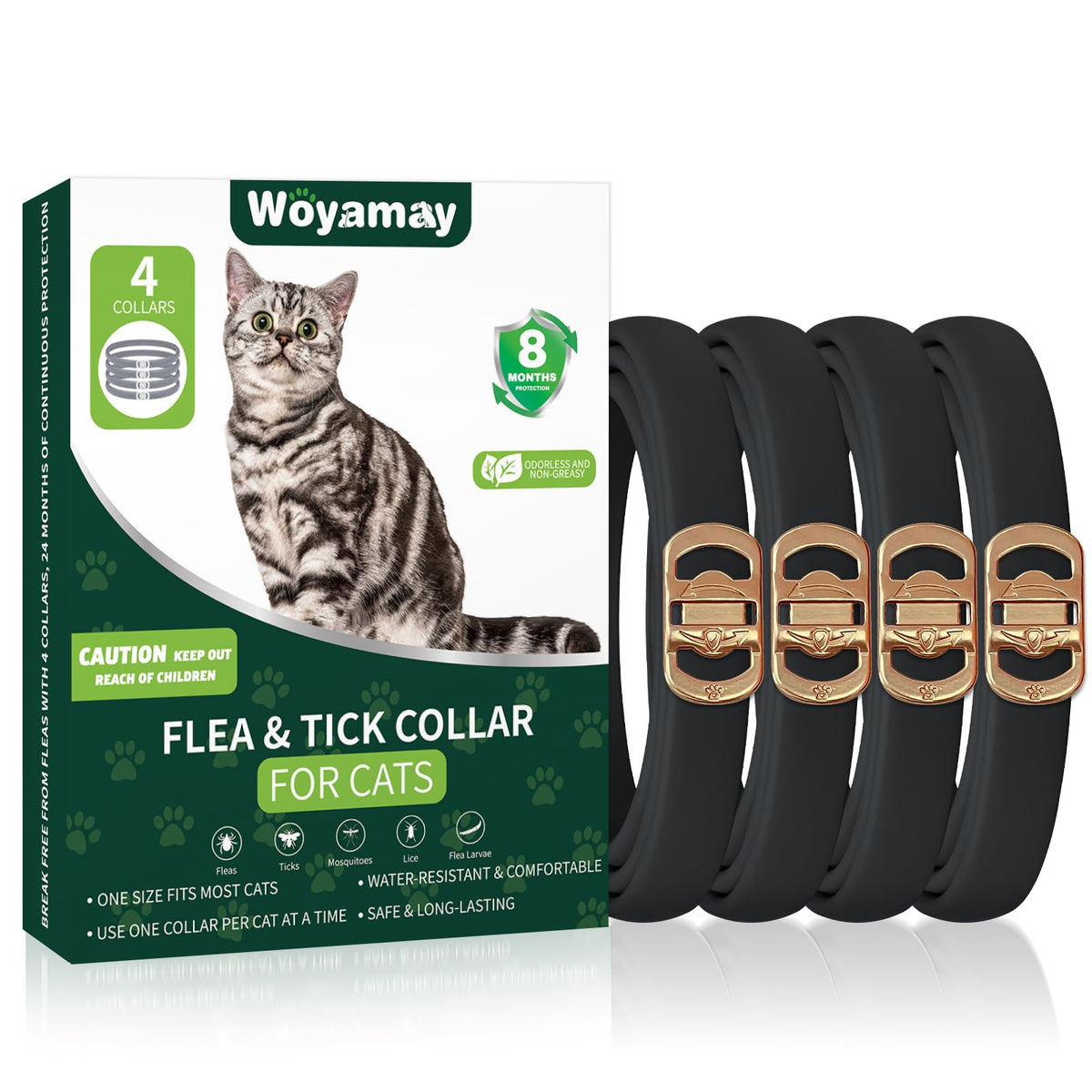Collar antipulgas Woyamay para gatos negro ajustable, cómodo para uso diario.