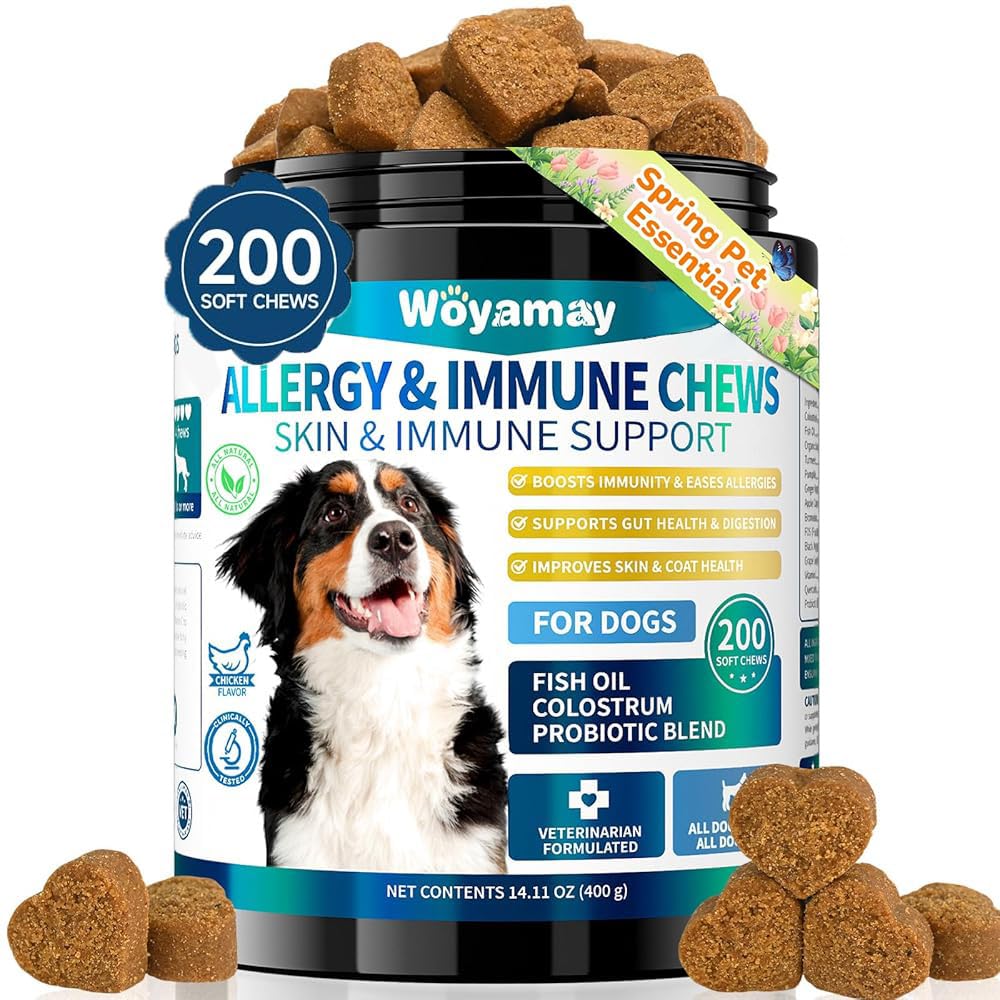 Woyamay Dog Allergy Chews: envase de 200 unidades para apoyo digestivo y de la piel.