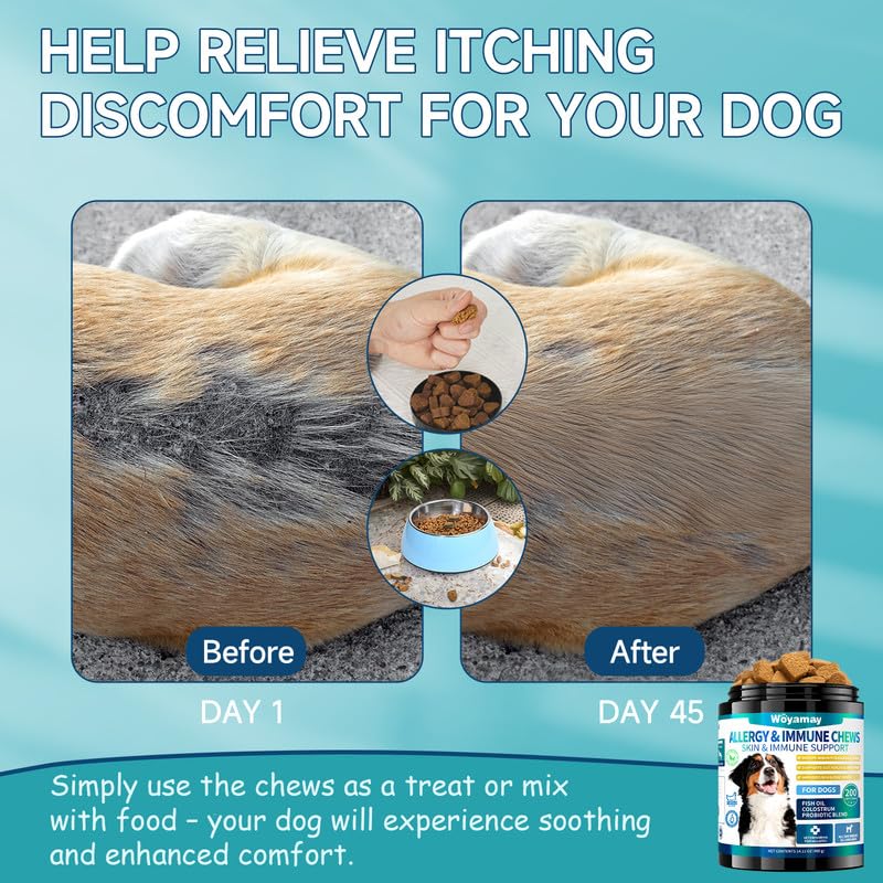 Woyamay Dog Allergy Chews: incluye probióticos y Omega-3 para piel sana.