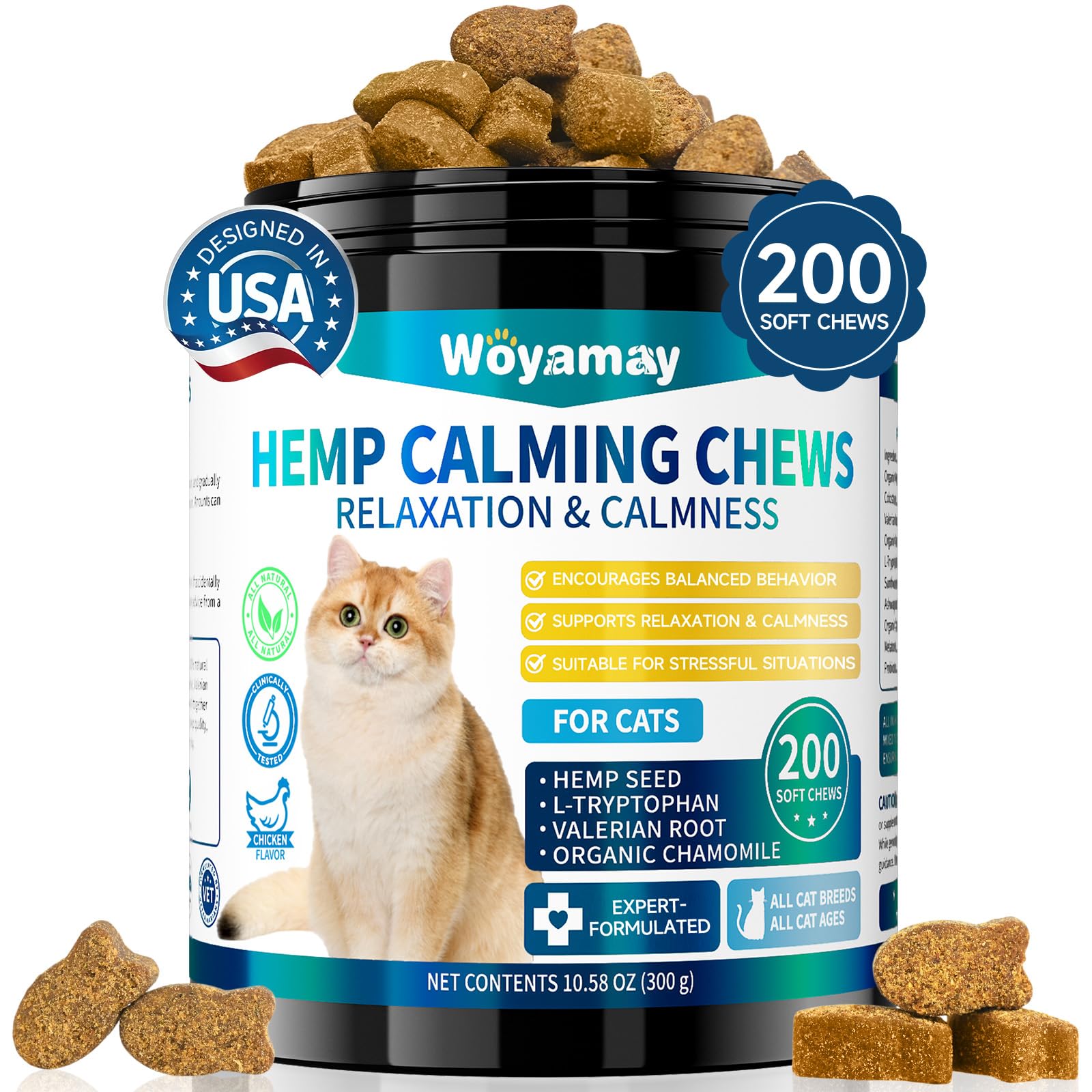 Envase de premios calmantes para gatos Woyamay, favorece la relajación diaria.
