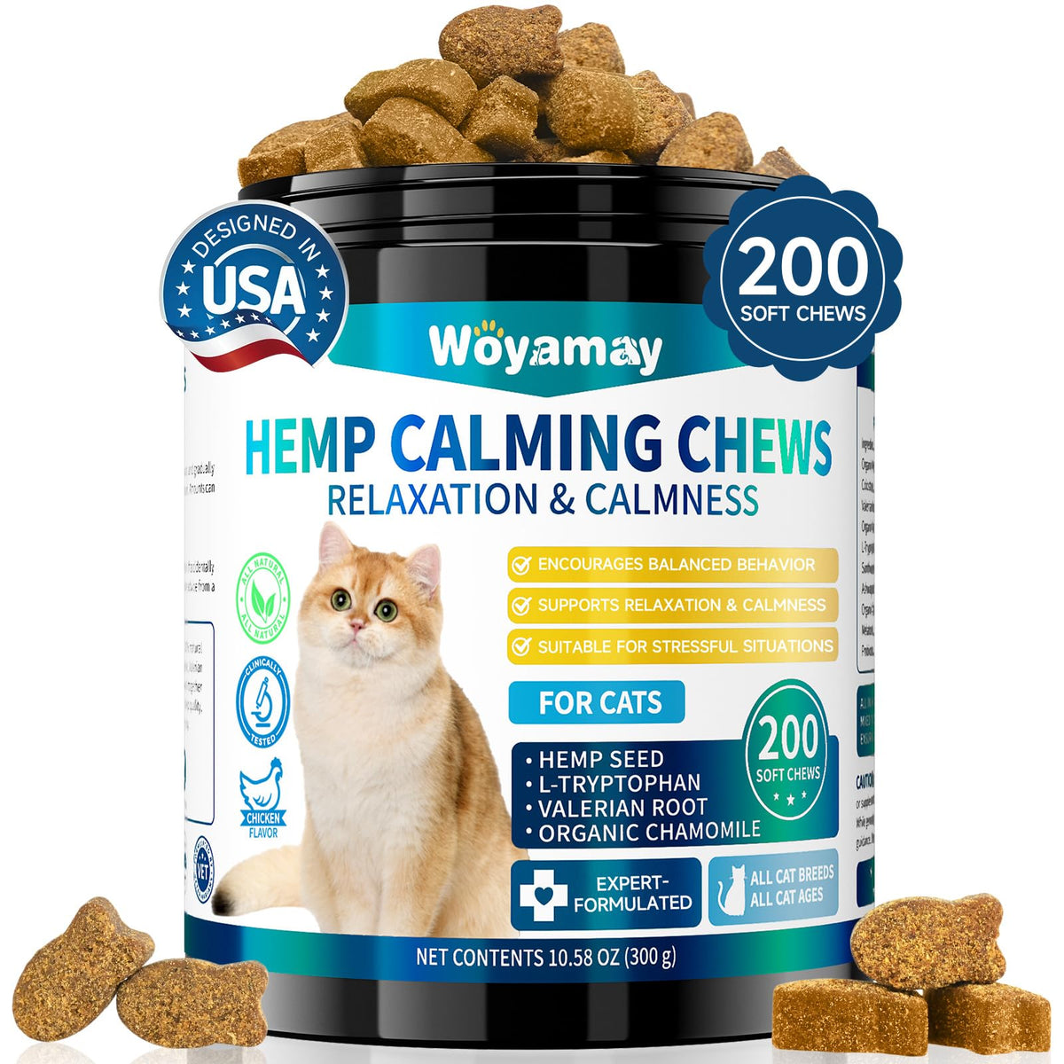 Envase de premios calmantes para gatos Woyamay, favorece la relajación diaria.