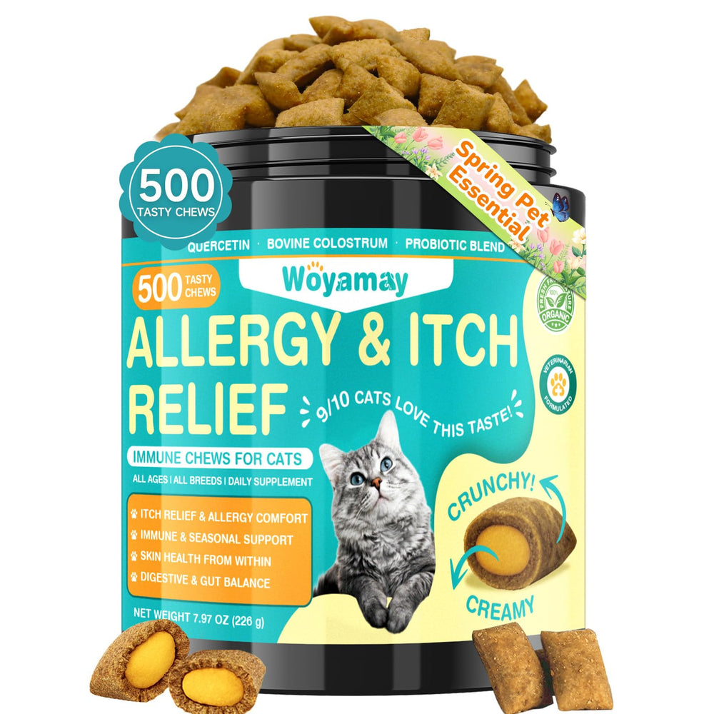 Gato disfrutando masticables crujientes de Woyamay para alergias.