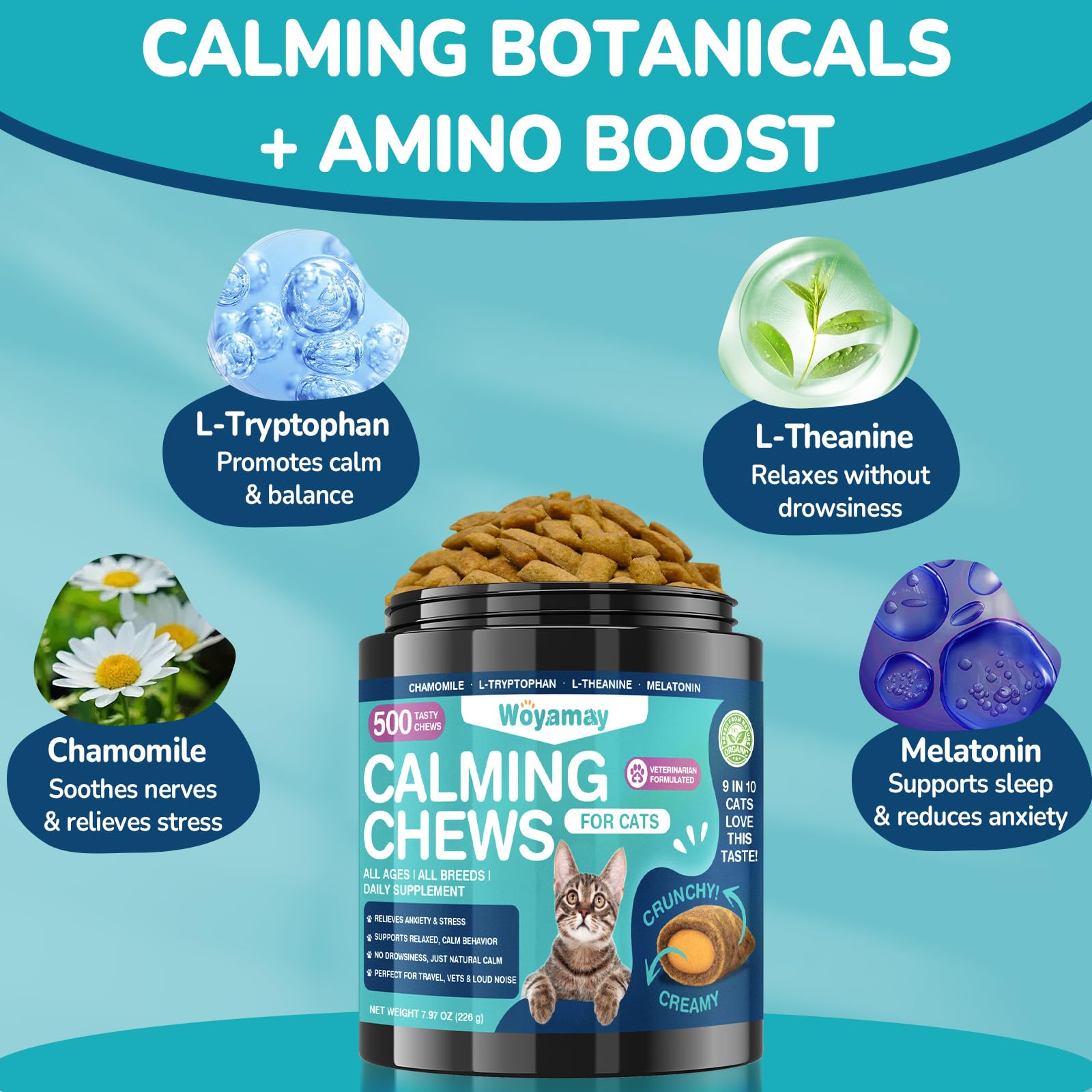 Uso diario recomendado de las golosinas calmantes Woyamay para gatos.