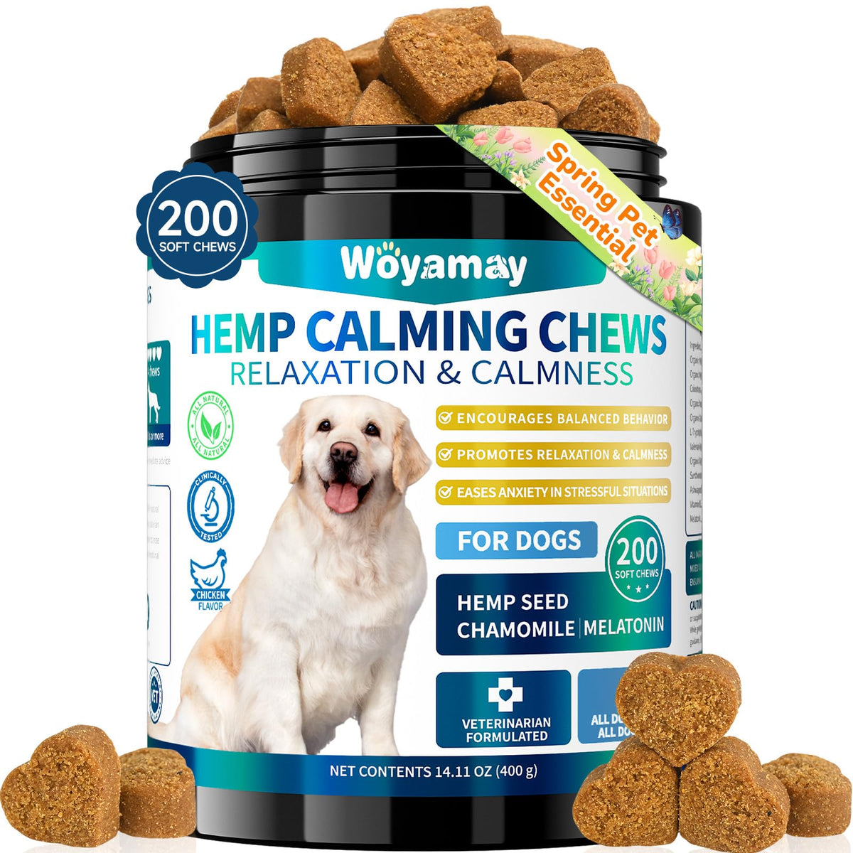 Gomitas calmantes Woyamay para perros, paquete de 200, apoyo a la ansiedad diaria.