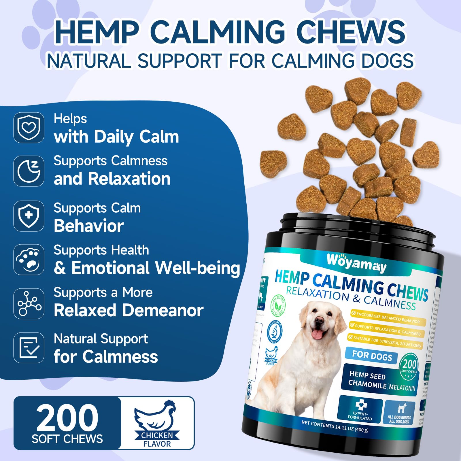Ingredientes clave: hemp seed oil, manzanilla y valeriana en las gomitas Woyamay para perros.