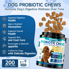 Woyamay probiótico para perros, gomitas sabor pollo, sabrosas y fáciles de dar.