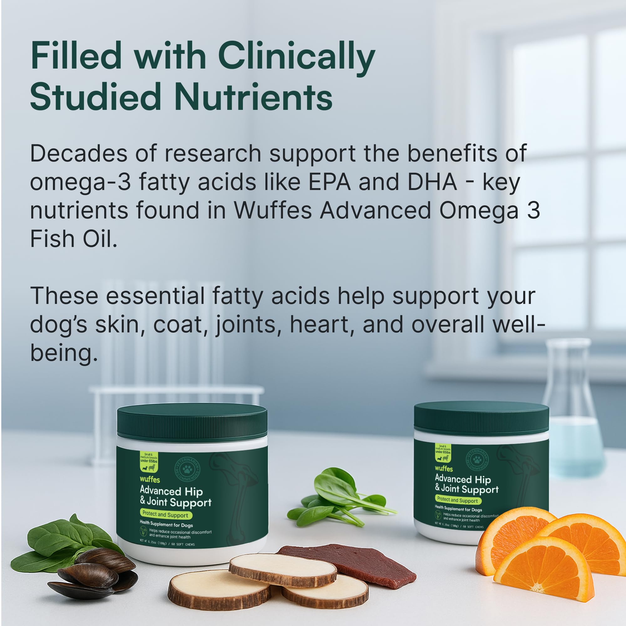 Ingredientes clave de Wuffes: glucosamina y condroitina para apoyar la salud articular.