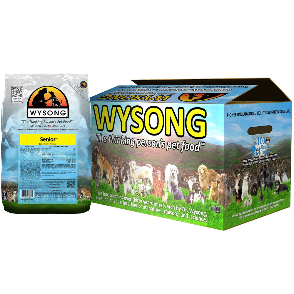 Imagen de la bolsa de Wysong Senior Canine Formula en 5 libras, nutrición equilibrada para perros mayores.