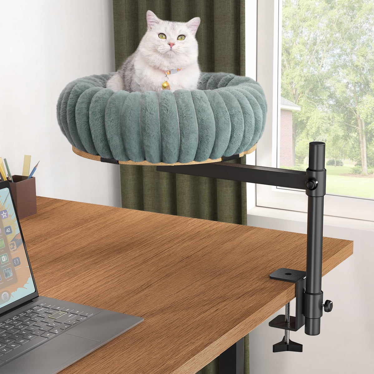 XiaZ cama elevada para gato en escritorio, rotación para mayor visibilidad.