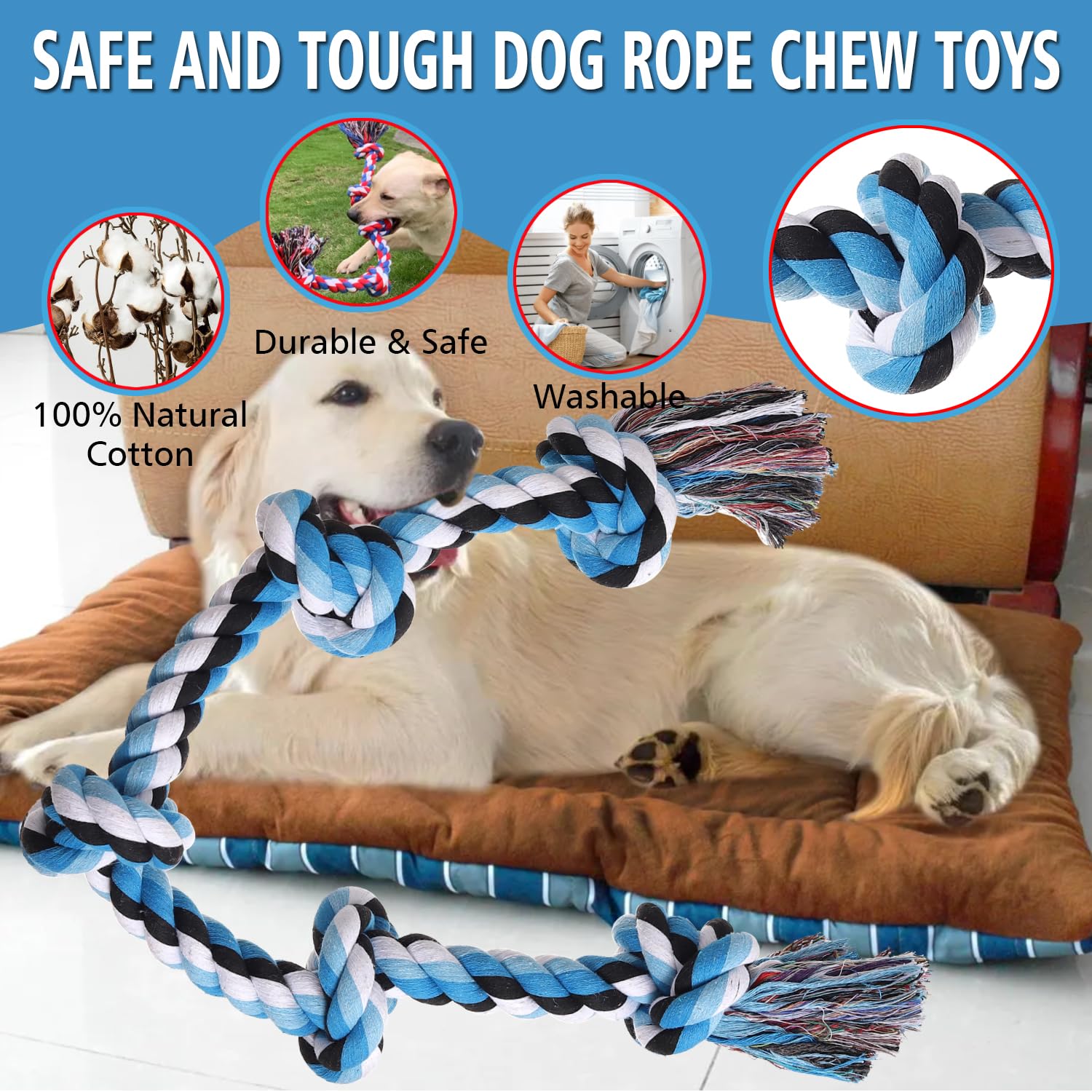 Cuerda XIGOU de algodón natural, resistente para perros grandes.