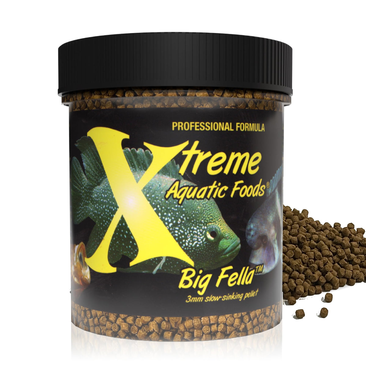 Xtreme Big Fella 3.0mm pellets para cíclidos grandes, nutrición equilibrada para crecimiento.