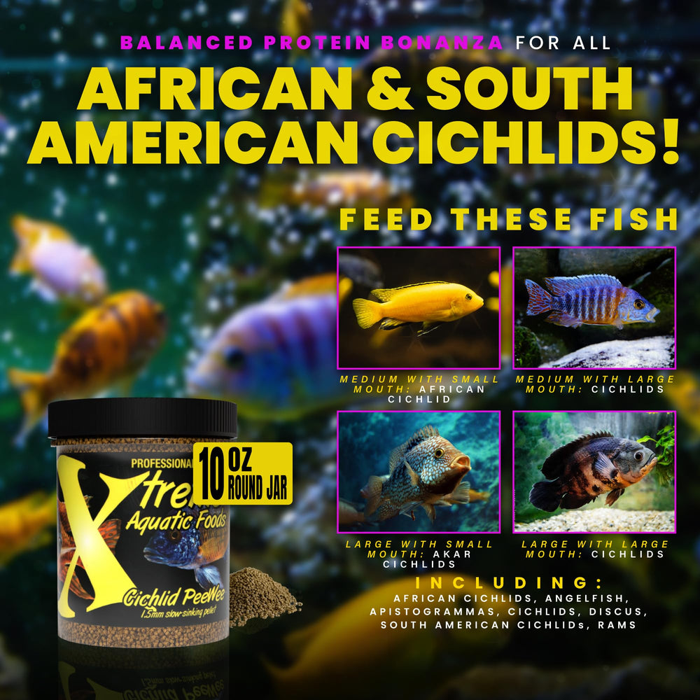 Xtreme Cichlid PeeWee Gránulos, mejora de colores en cíclidos durante semanas.