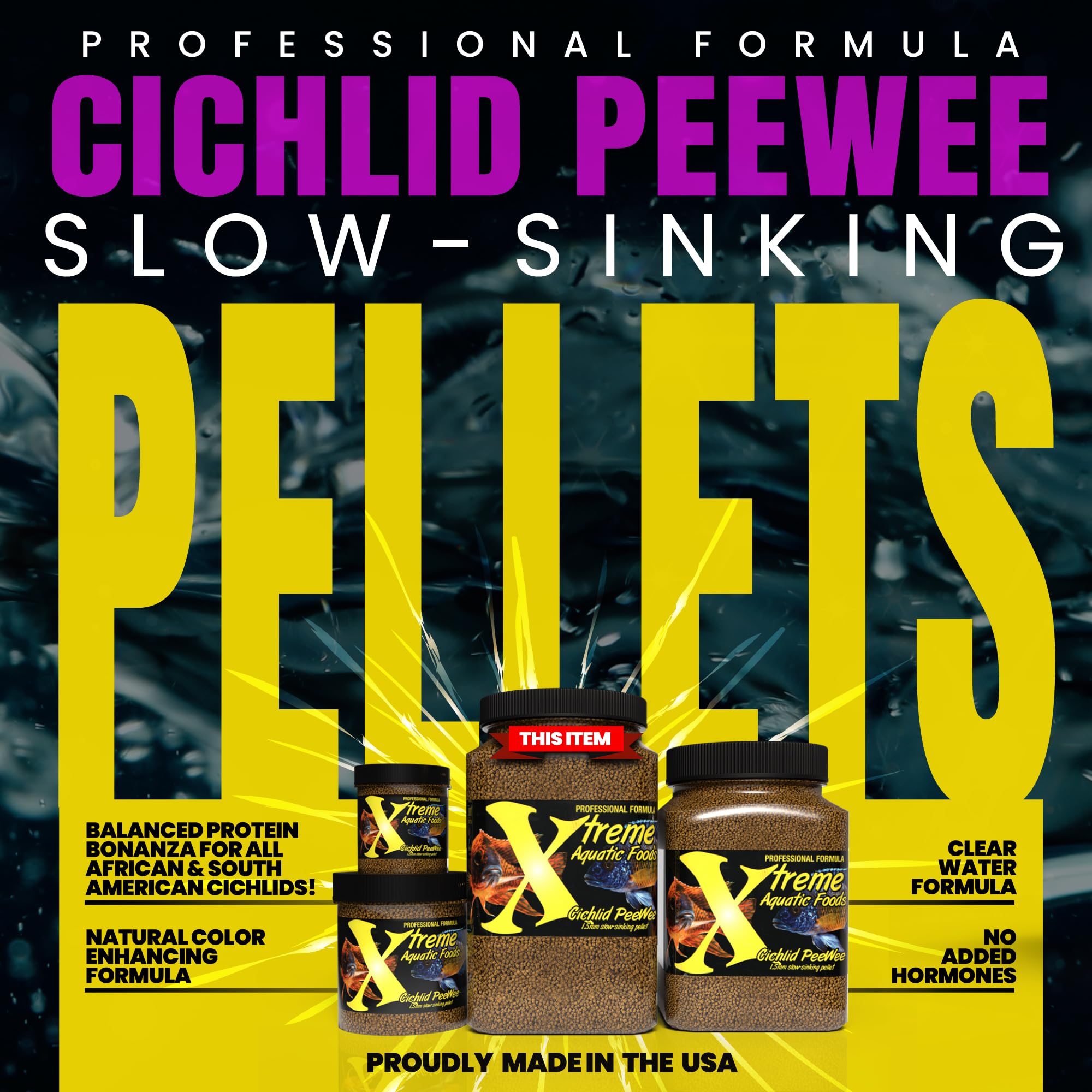 Pellets de Xtreme Cichlid PeeWee en acuario para cíclidos de diferentes tamaños