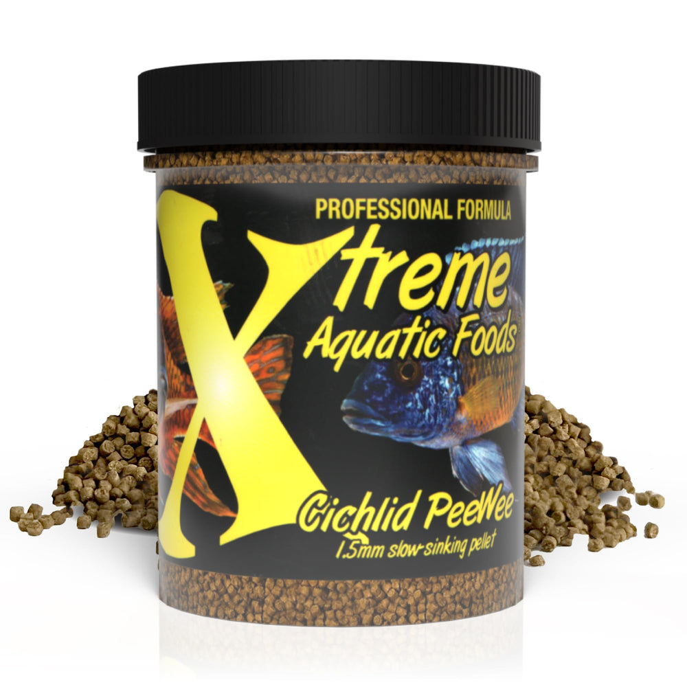 Xtreme Peewee para cíclidos: gránulos 1.5 mm, apoyo digestivo suave y coloración vibrante.