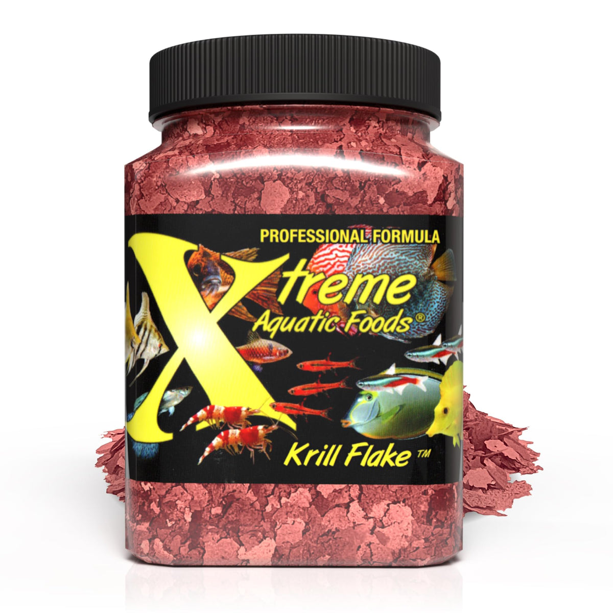 Xtreme Krill Flakes: envase frontal, alimento premium para peces de agua dulce.