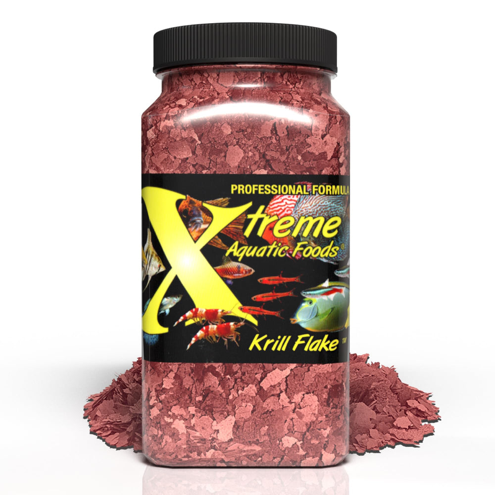 Xtreme Krill Flakes, paquete frontal, alimento premium para peces con color vivo.