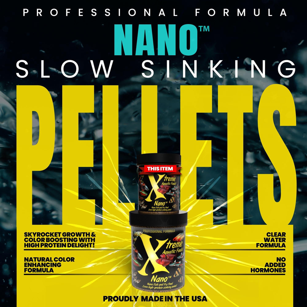 Xtreme Nano Pellets servido en acuario, alimento preciso que reduce desechos.