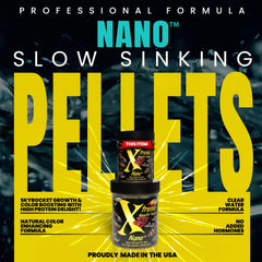 Xtreme Nano Pellets servido en acuario, alimento preciso que reduce desechos.