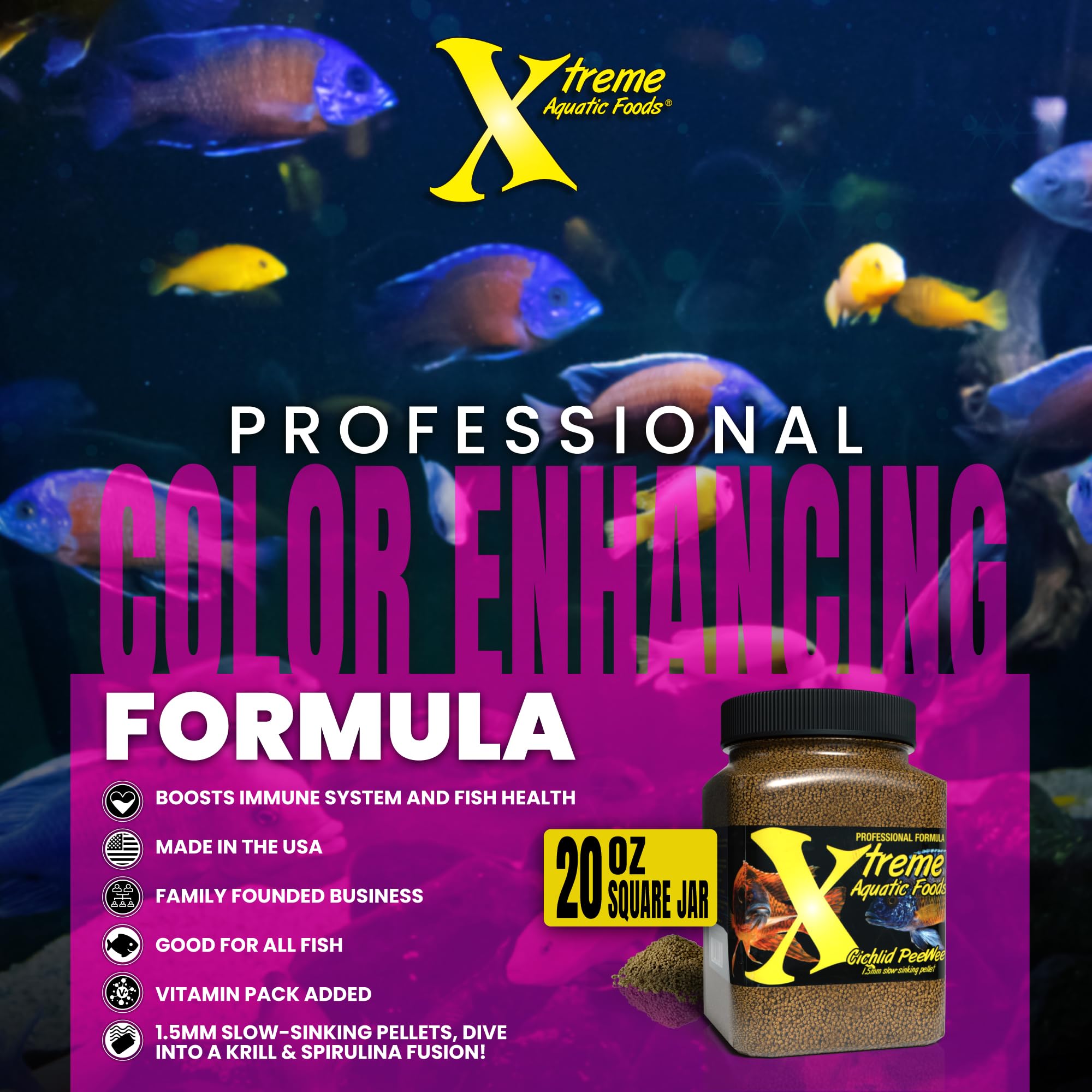 Peces en acuario comiendo pellets Xtreme PeeWee, apoyo digestivo potencial.