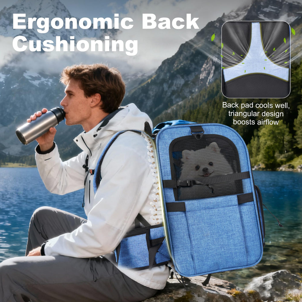 Mochila XUVIRA portaperros azul paneles de malla para flujo de aire.