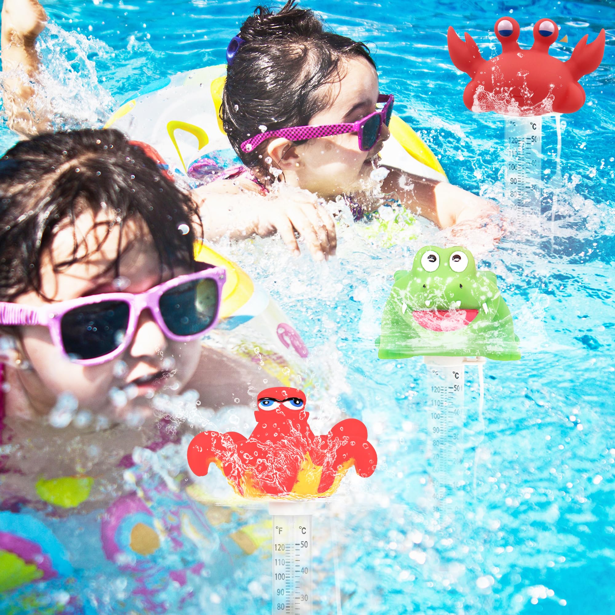 Uso familiar del termómetro flotante XY-WQ en piscinas y estanques.