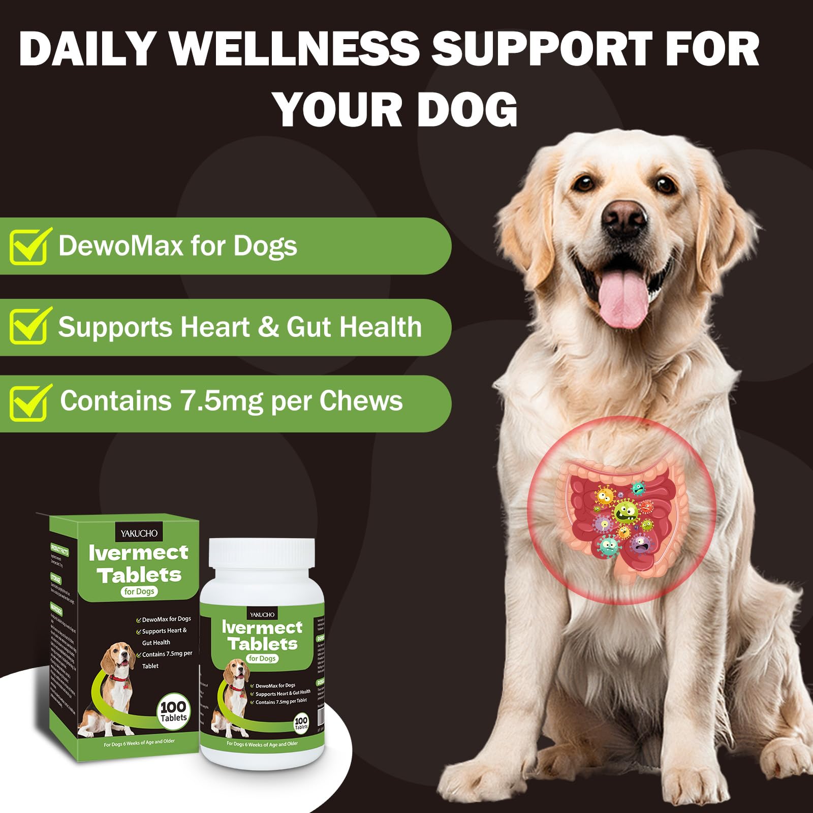Yakucho lvermect, dosis mensual para mantenimiento del sistema digestivo canino.