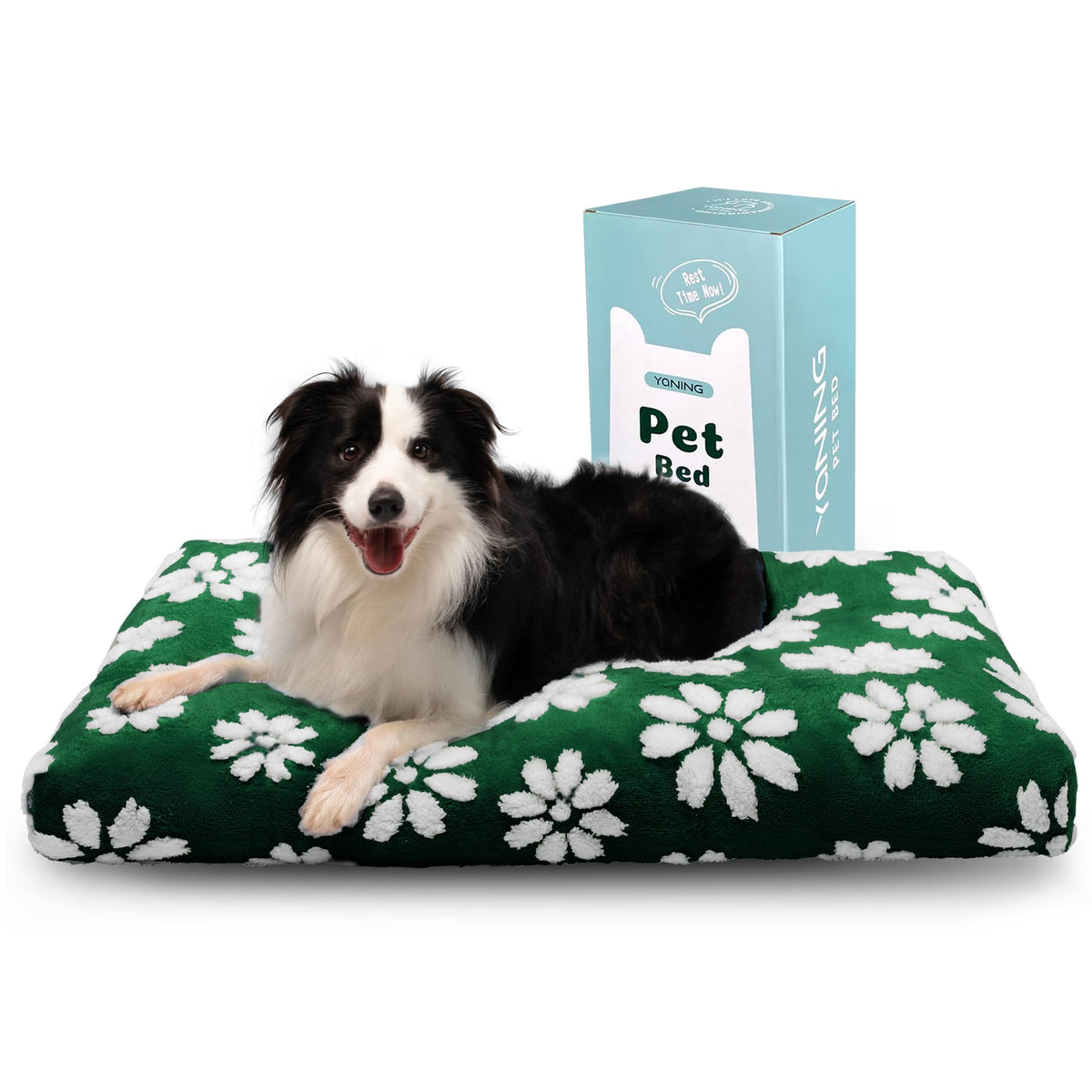 Cama Yaning para perros grandes con flor verde, descanso cómodo y cálido.