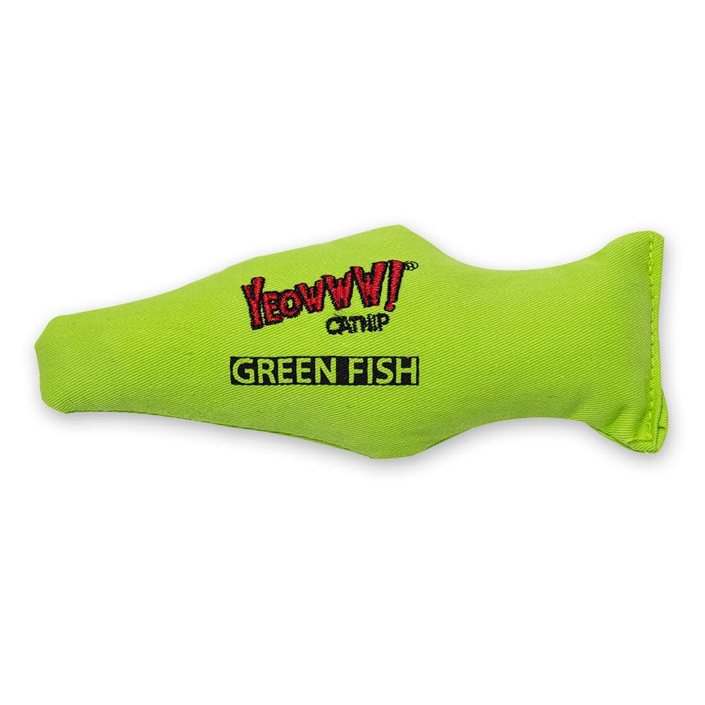 Pez verde Yeowww! con hierba gatera, vista frontal para juego y estimulación.