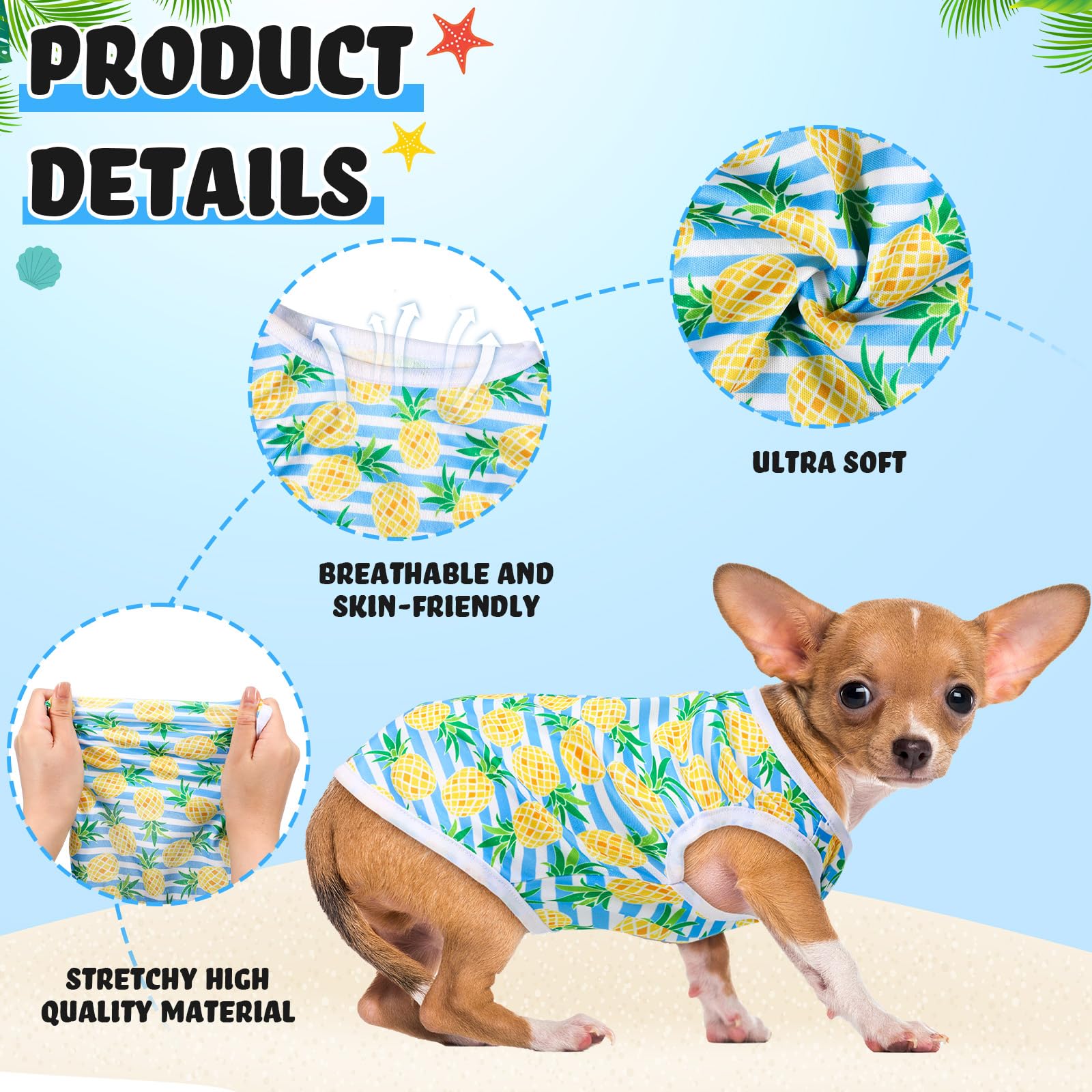 Diseños hawaianos vibrantes de Yeyeplum para perros, perfectos para fiestas y salidas.
