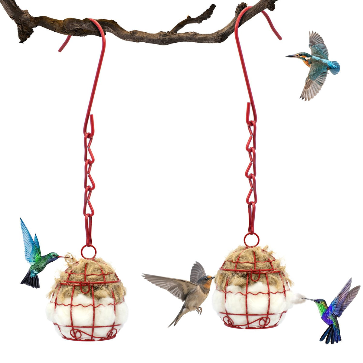 Nido de aves Yomishine con lana y algodón en jaula roja, ideal para aves pequeñas.