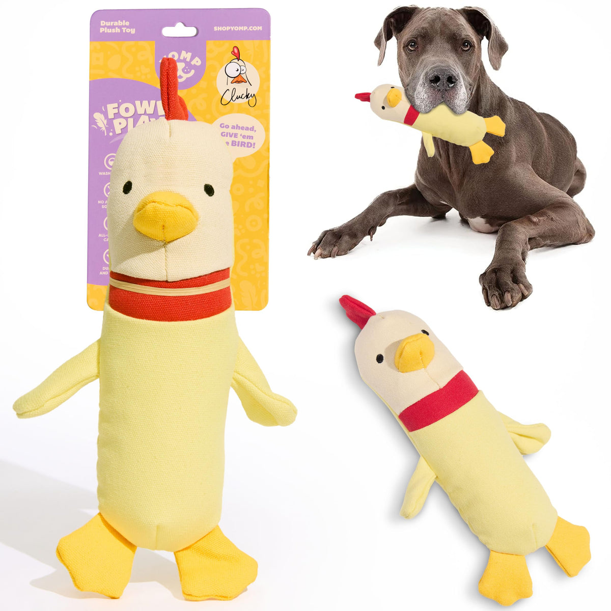 Yomp Clucky peluche pollo para perros, ideal para juegos prolongados sin ruido.