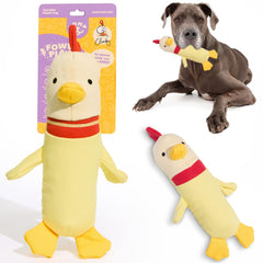 Yomp Clucky peluche pollo para perros, ideal para juegos prolongados sin ruido.