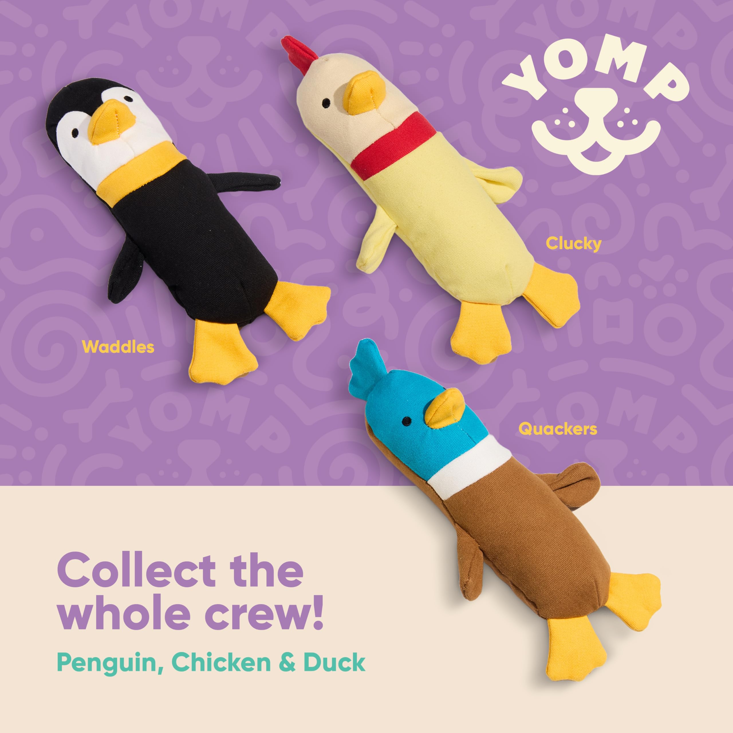Juguete Yomp pingüino suave y resistente para mimos y juego.