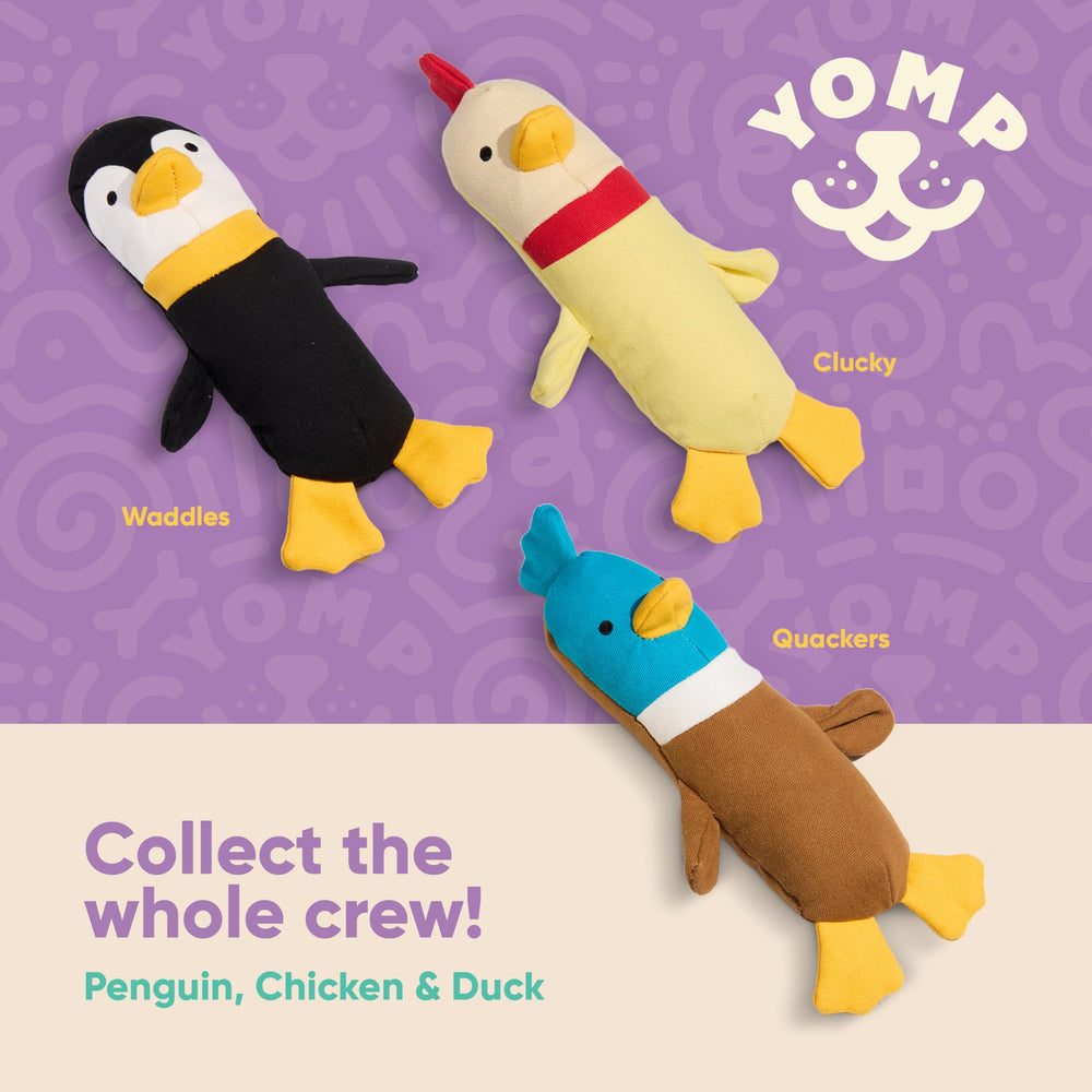Juguete Yomp pingüino suave y resistente para mimos y juego.