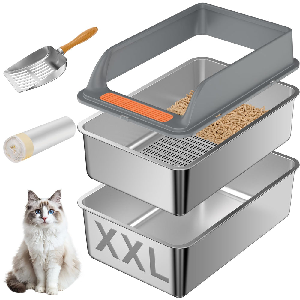 Yoochee caja arena para gatos sifadora de acero inoxidable con tapa, duradera y fácil de limpiar.